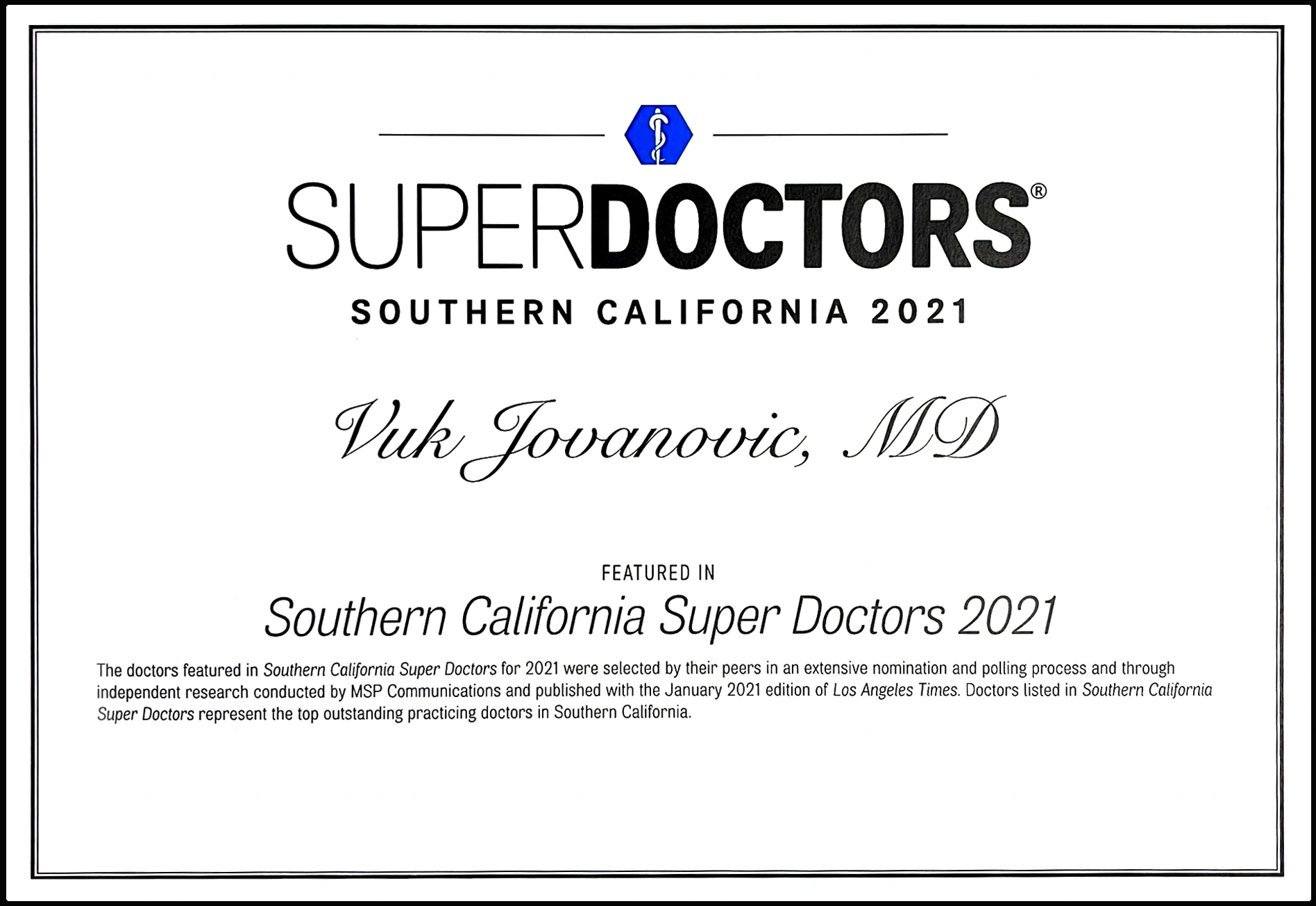 Dr. Vuk Jovanovic, premio al Super Médico del Sur de California 2021