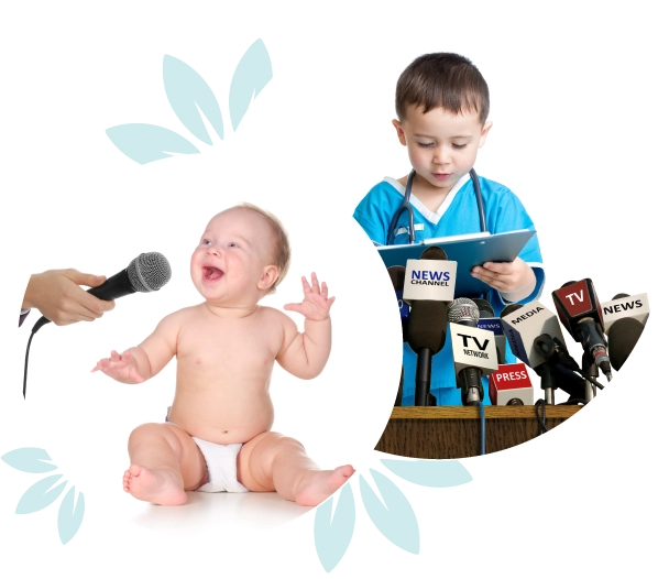 baby talking on a microphone, boy reading a press release